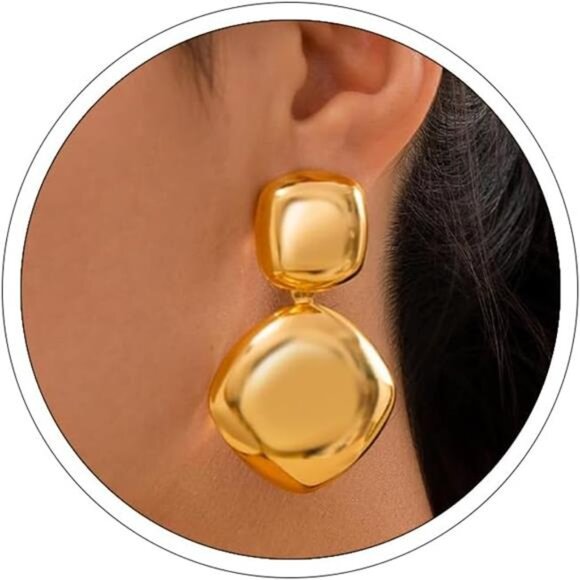 Large Geometric Earrings | Minimalist Block Statement Hoops - Picture 2 of 5